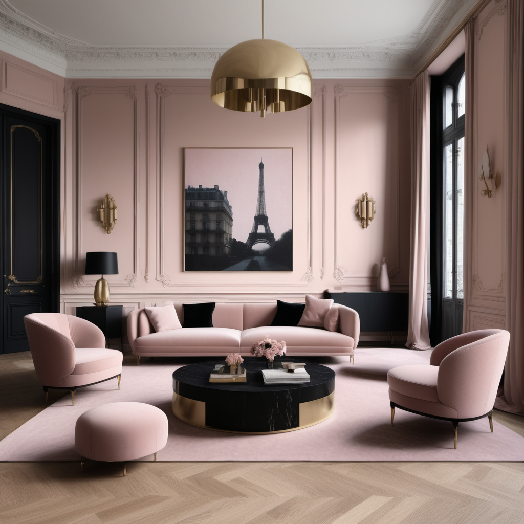 a hyperrealistic image of a grand Modern Parisian   in a beige oak brass dusty pink and black colour palette