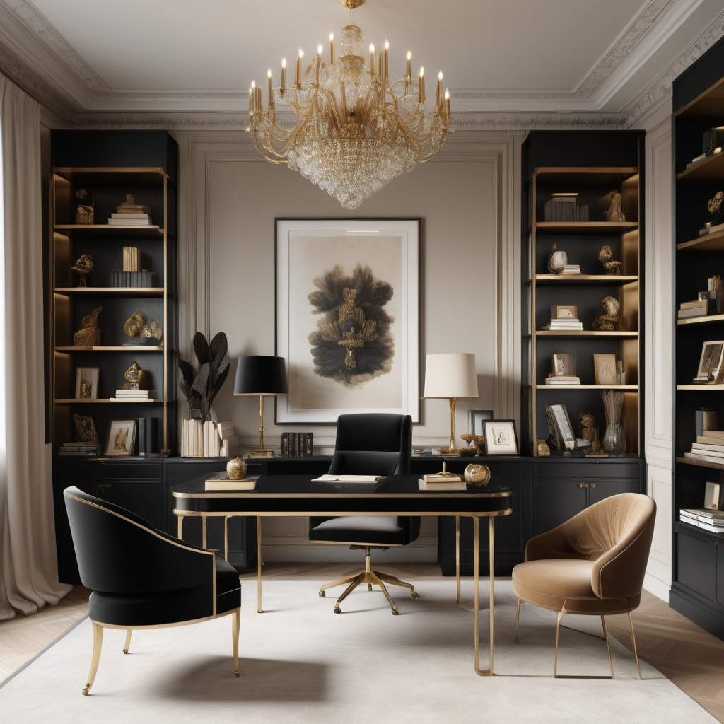 hyperrealistic image of an elegant, Grand modern Parisian home office interior with floor to ceiling brass shelves full of trinkets and books, a modern chandelier, a velvet desk chair, a statement piece of art, in a beige, light oak, black and brass colour palette, suede