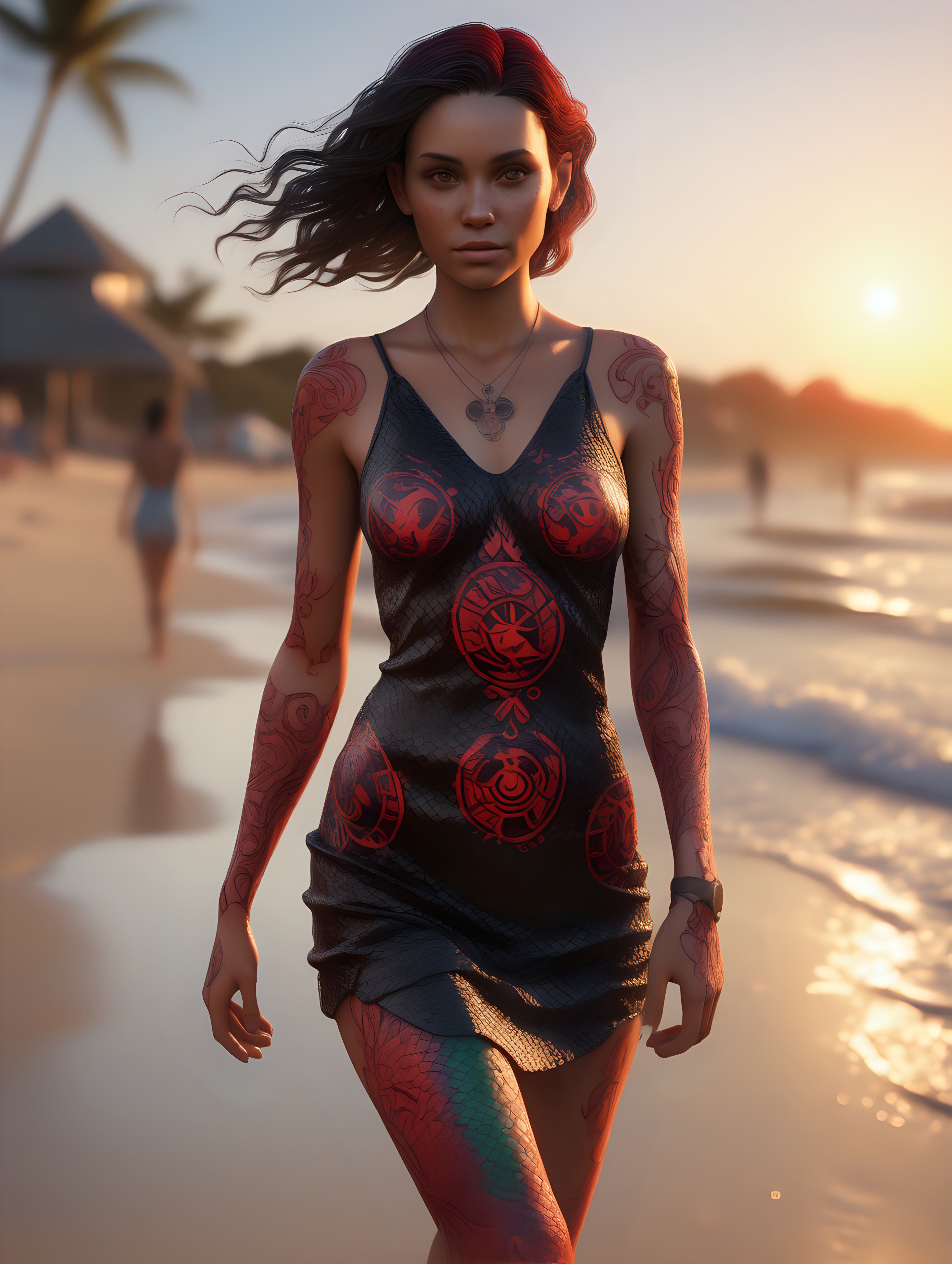 ultra-realistic high resolution and highly detailed photo of a female human, with black scales growing on her body, she has red draconic symbols carved into her arms and body, wearing a colourful transparent summer dress, walking in the sunset on a beach facing the camera