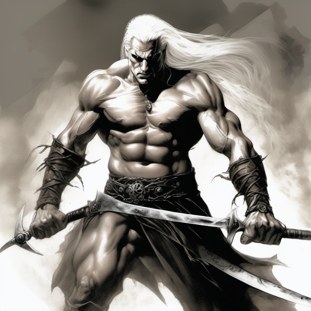 genera una ilustración a color estilo Luis Royo del capitán Nuada, cabello blanco, ojos negros, muy musculoso como Hércules, mandíbula cuadrada, con una hoz en cada mano, pose hostil, pose guerrera
