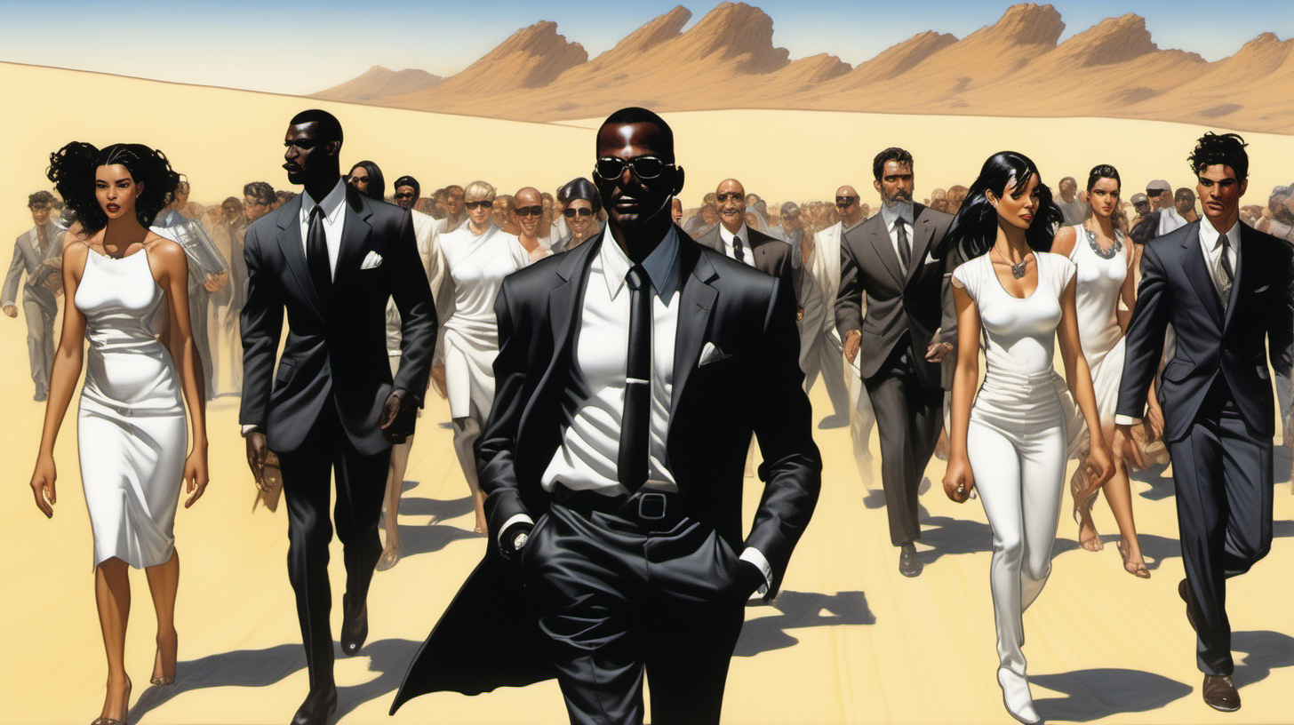 a black & spanish man with a smile leading a group of gorgeous and ethereal white,spanish, & black mixed men & women with earthy skin, walking in a desert with his colleagues, in full American suit, followed by a group of people in the art style of Hajime Sorayama comic book drawing, illustration, rule of thirds