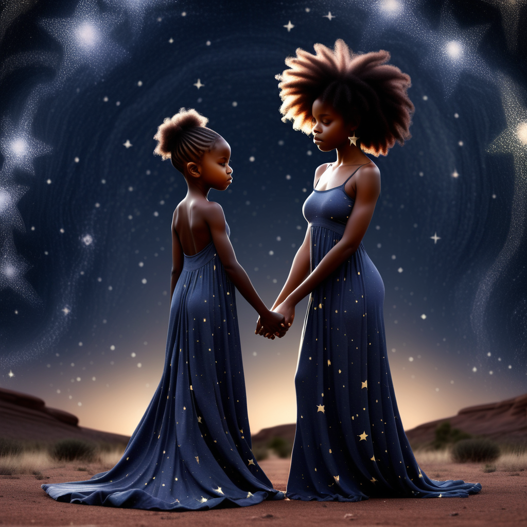 prompt: a black woman indigo child with a dress on helping the world with a black woman star seed child standing by her side helping  they are twins but different with stars all around them
 