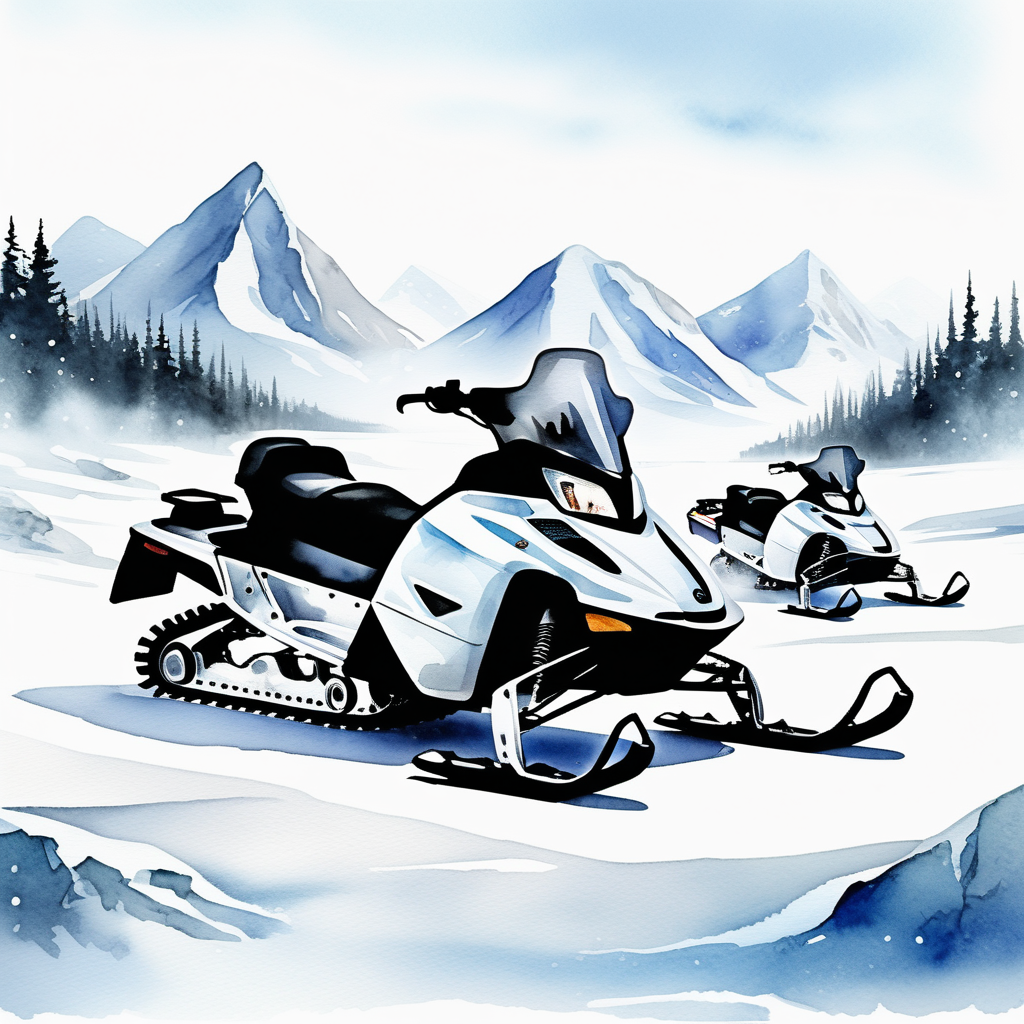 Bílé pozadí_Vytvoř realistickou _Sněžné skútry_ v pozadí ledová krajina_Arktida: Jsou to malá, rychlá vozidla, která se dobře hodí pro cestování po pevném sněhu
_akvarel styl