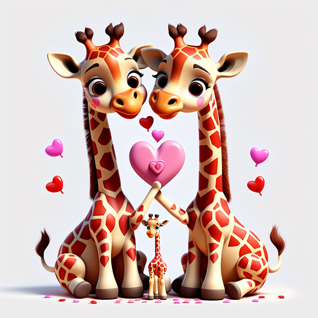 /envision prompt: "Playful Pixar 3D Giraffe Calves Sharing Valentine's Treats" clipart featuring giraffe calves exchanging heart-shaped candies against a white backdrop. Their joyful expressions and vibrant colors add a touch of Valentine's whimsy. --v 5 --stylize 1000
