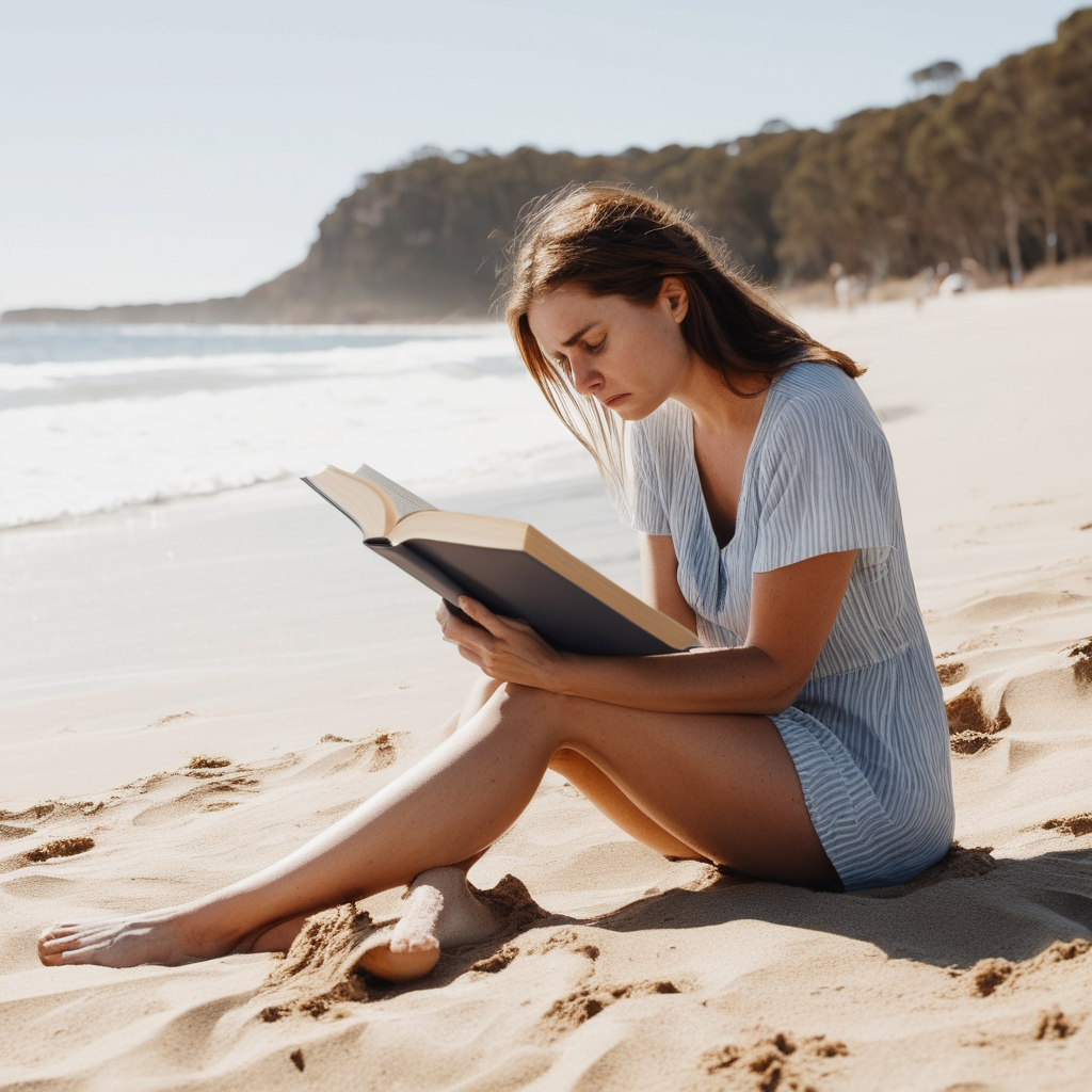 Sad Australian woman Reading a book on the beach 