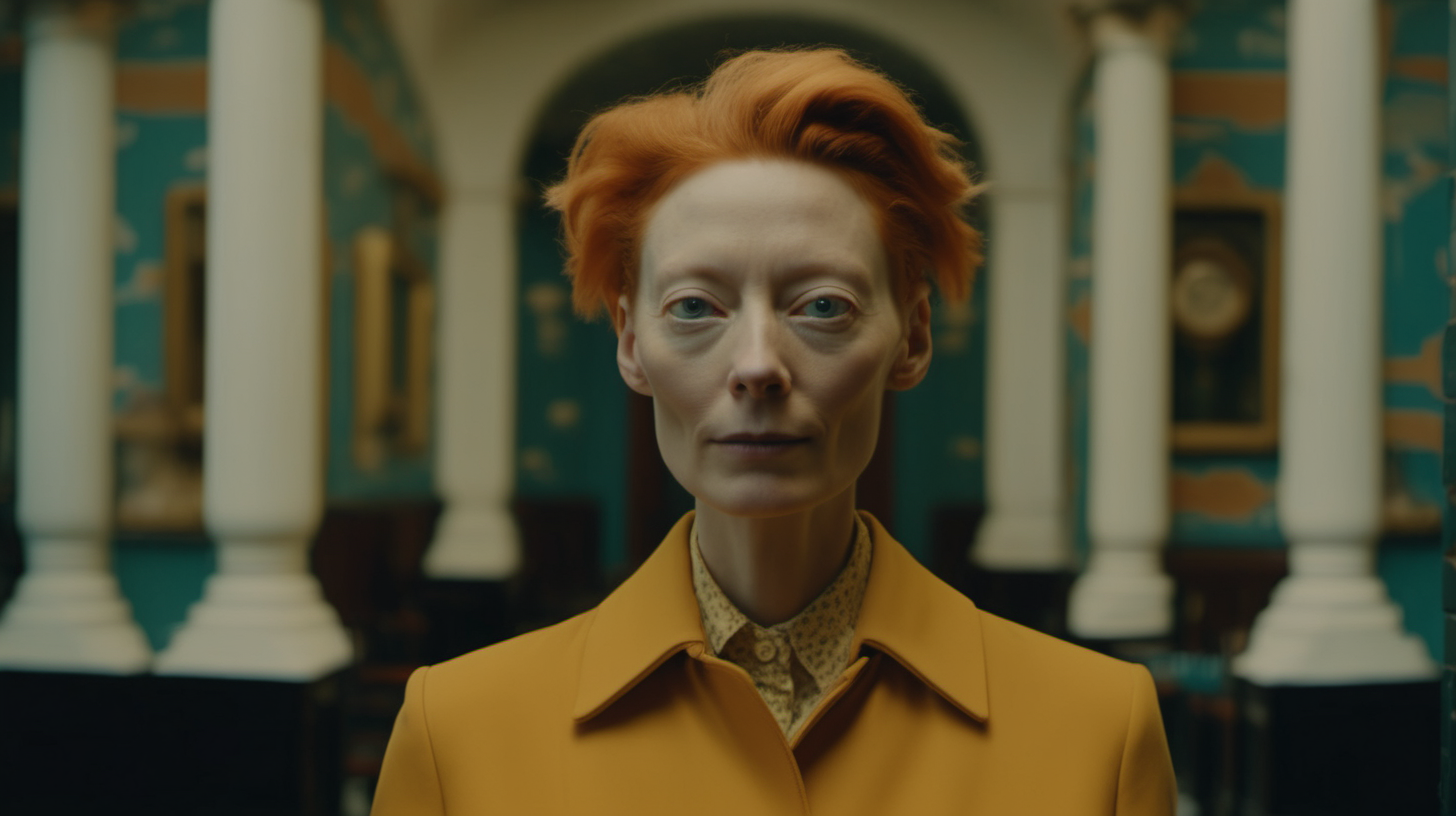 cinematic medium-wide-shot image using a 50mm lens of a female artist who looks like tilda swinton staring at camera in the style of a wes anderson film