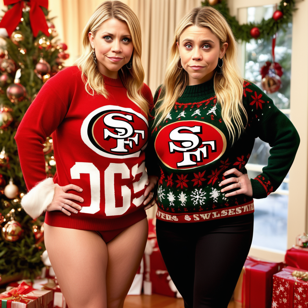 Jodie Sweetin and Ashley Olsen bbw in a home with christmas decorations in front of a christmas tree in a San Francisco 49ers Christmas sweater and a red thong is showing off her booty.
