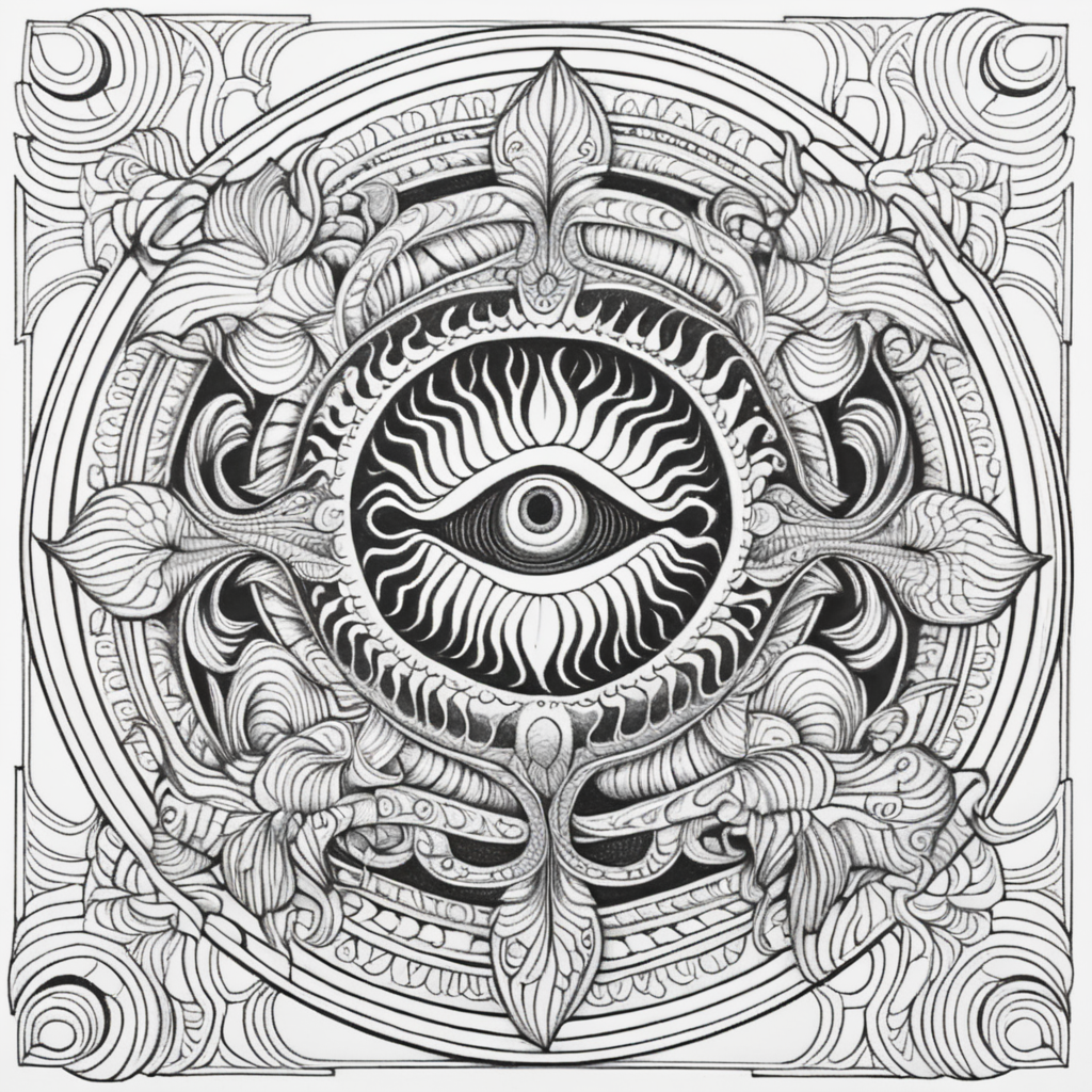 adult coloring book, black & white, clear lines, detailed, symmetrical mandala, sea monster 
