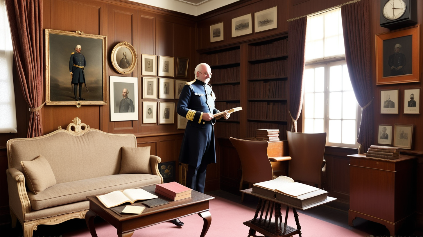 A officer of EIC enters the room, where the inaugural Governor General is positioned and standing  by his window, The cabin of Waren is exquisitely furnished, possesses an extensive collection of rare books, each one brimming with knowledge and wisdom,  Rare knives and guns, which were utilised in significant events such as the Battle of Plassey, have been elegantly displayed on the wall, On the sofa's adjacent stool, there is a vintage gramophone,A small model of a ship was present on the table, A sizable portrait of the individual adorns the walls of a tastefully furnished lounge,In a tastefully adorned living space, there exists a sizeable portrait showcasing his own image, 