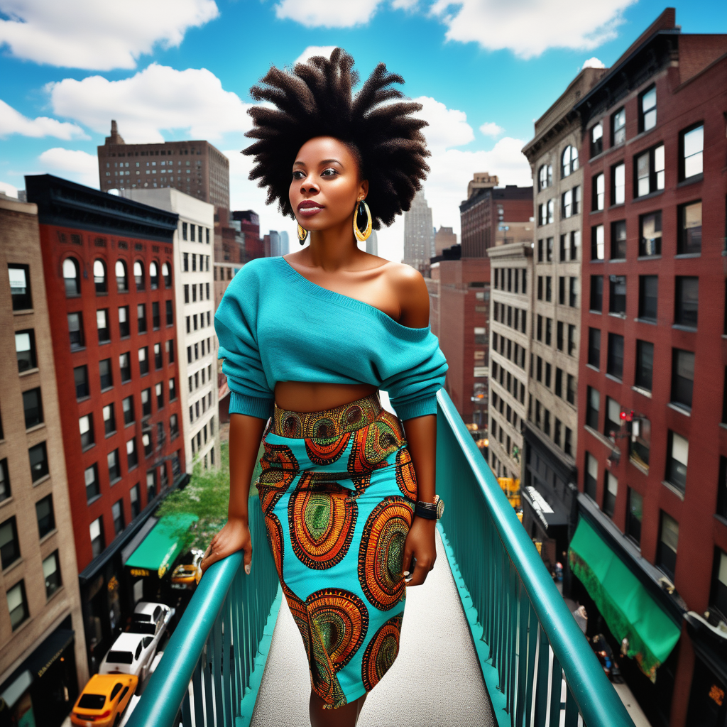 Beautiful Black woman, wearing a multi color African print Skirt, wearing an asymetric, turquoise style, wide neck sweater that drapes off one shoulder, down to the ankles,  Vibrant images that represent African heritage, In downtown Manhattan, looking straight up into the sky, view looking straight down from an aerial view, 4k, high definition, high resolution, light source from above right
