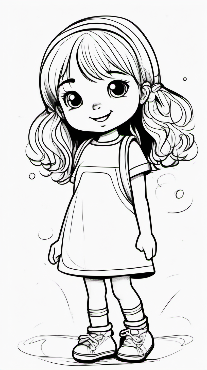 little girl playing with a toy very happy .coloring page for toddlers ,basic ,kawaii style cartoon ,black and white ,ink outlines ,smooth, anime style, minimalist, cute eyes, full body, white  shose  ,sketchbook, reallistic sketch ,free lines ,on paper,character , clean line art high detailed