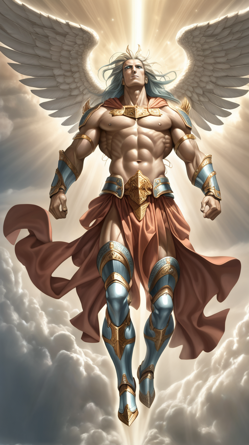 A god hovering from the heavens with muscles and wearing armor