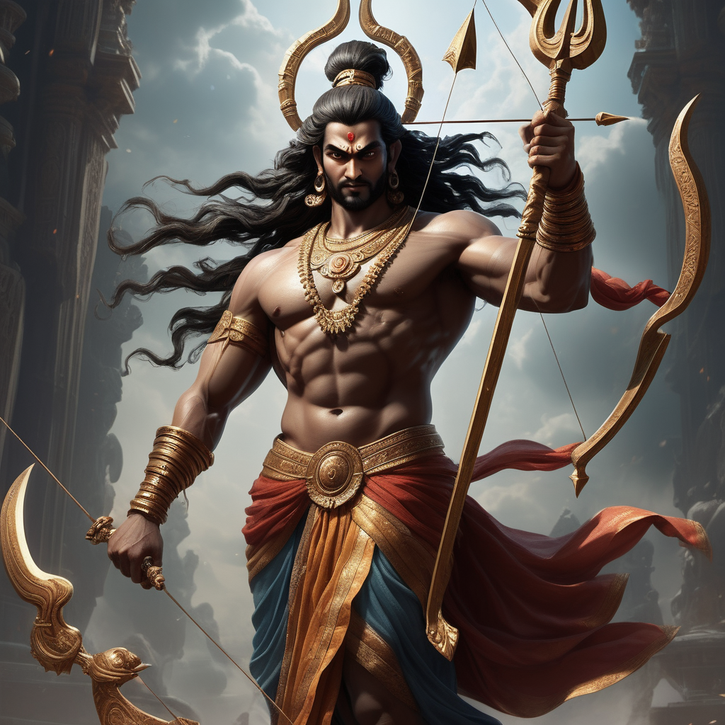 /imagine prompt: 2, personality: [Illustrate a medium close-up of Rama showcasing his strength and valor. He stands tall, holding the divine bow of Shiva, which is known to be an impossible feat for ordinary mortals. Rama's facial expression should emanate confidence and determination, as he demonstrates his prowess while bending the bow. The scene should convey the magnitude of his abilities and leave the viewers in awe of his heroic stature]unreal engine, hyper real --q 2 --v 5.2 --ar 16:9