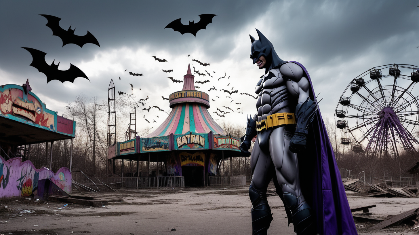 Batman fights the joker in an abandon amusement park with bats flying overhead