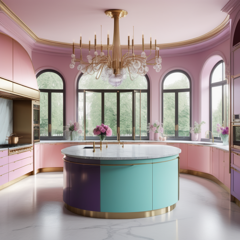 hyperrealistic image of large modern Parisian kitchen with island, floor to ceiling windows, curves, pink, aqua, peurple and brass colour palette, brass chandelier