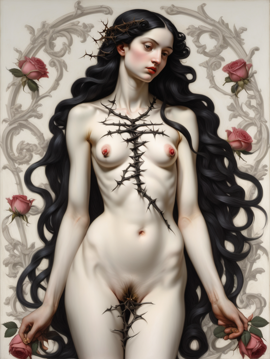Chica desnuda delgada palida, pelo largo y negro. Hay espinas de rosa atravesandola por el pecho, motivos barrocos, al estilo de Miguel Angel