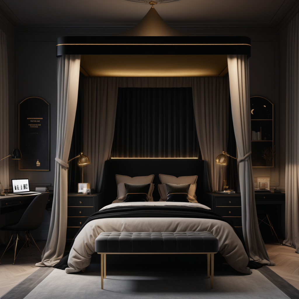 a hyperrealistic of a grand modern Parisian estate home Teenagers bedroom at night with mood lighting, a double bed with a canopy, desk, in a beige oak and brass and black colour palette

