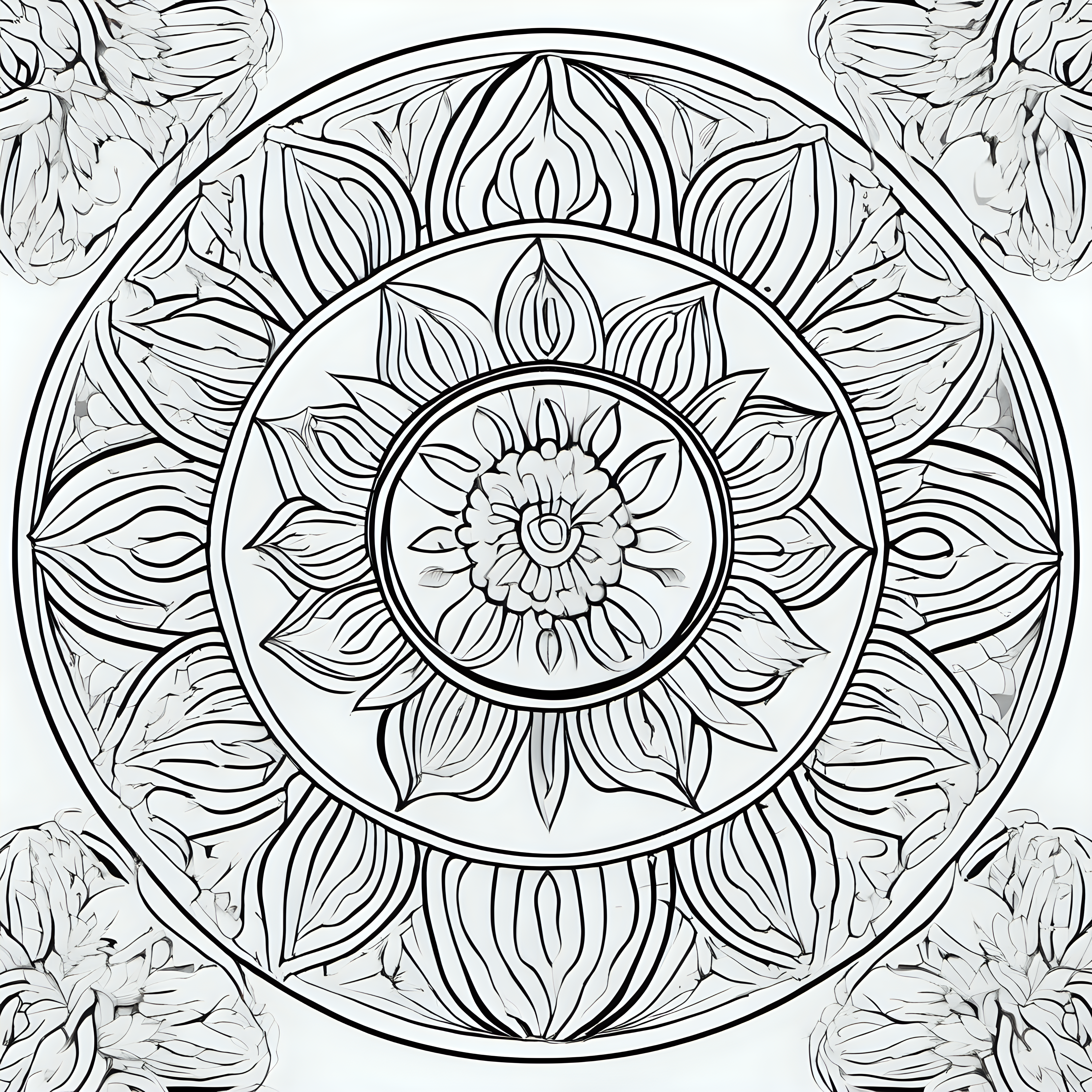 coloring page for adults, mandala for adults, unique floral mandala, thick lines, simple, line art, full length view –s 750 –v 5.1 --ar 2:3