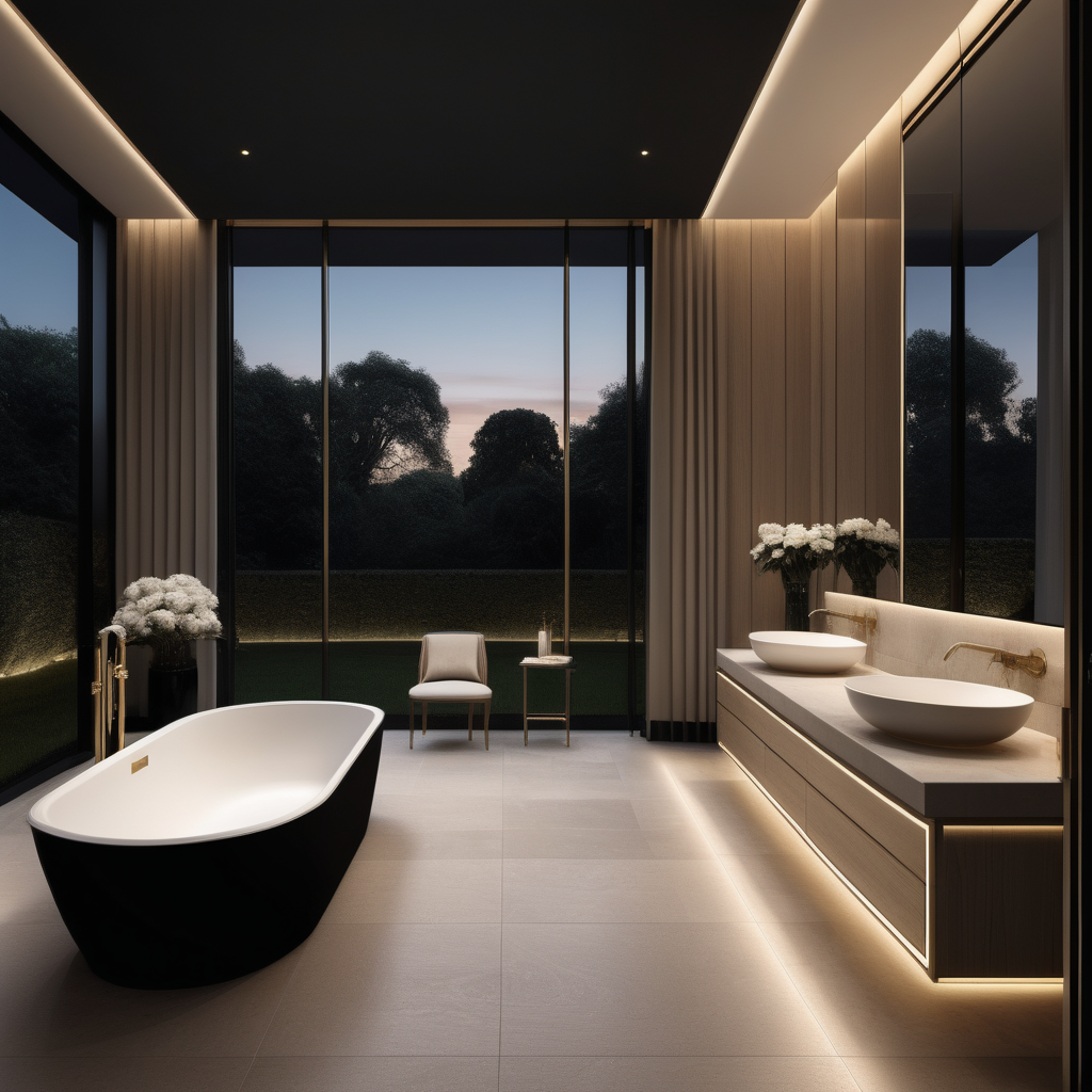 a hyperrealistic of an Modern Parisian estate home master bathroom at night with mood lighting, floor to ceiling windows with a view of the manicured gardens , in a beige oak brass and black colour palette 

