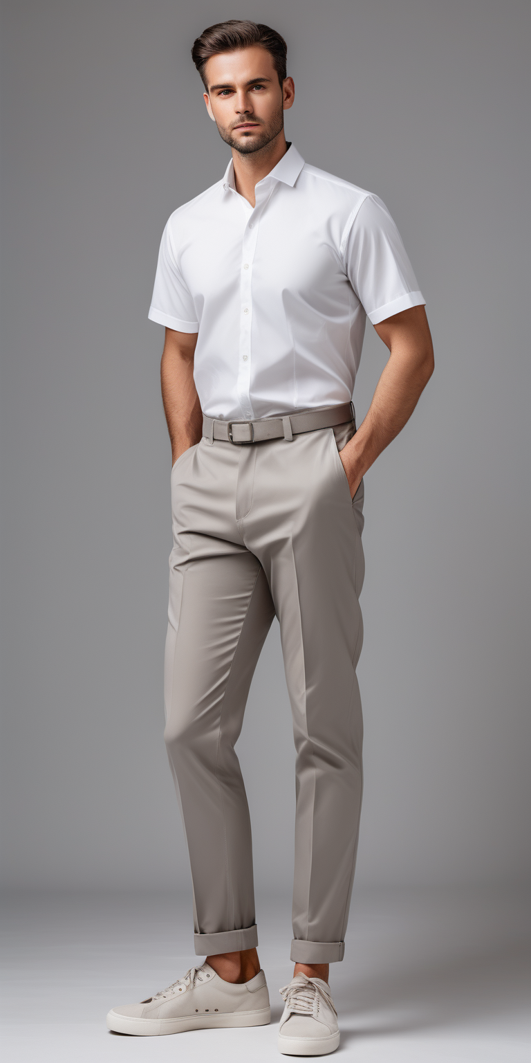 men wearing short sleeve white shirt, grey classic trousers, light grey background, full body, uniform design, modern design, fashion, beige sneakers 
