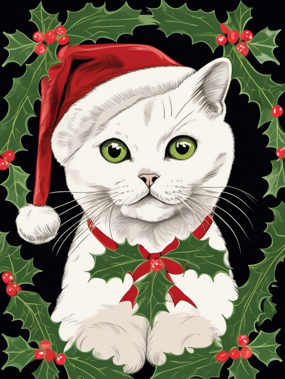 OLD FASHIONED vintage christmas card illustration with mistletoe, a white scottish fold cat wearing christmas hats on a black background