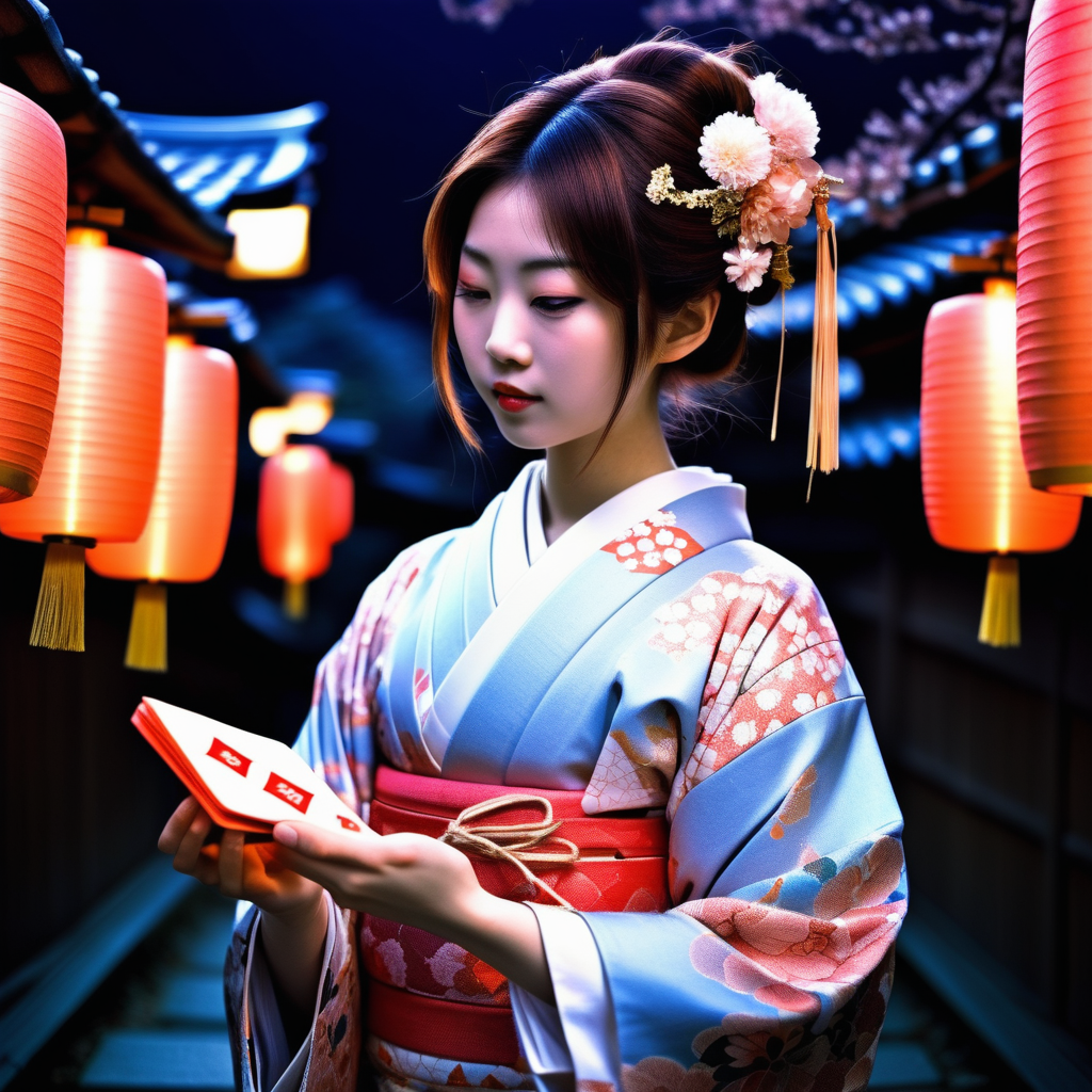 pretty Japanese girl photo, kimono, creates magical illusions, Jomo Karuta cards deck, Japan, festival, night