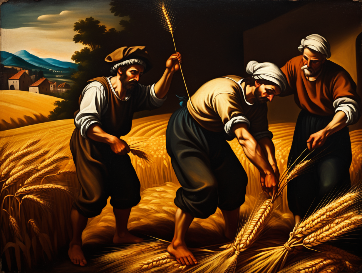 Peinture à l'huile sur toile vieillie, scène paysanne de moisson du blé type Caravage, avec clair obscure, peinture à l'huile