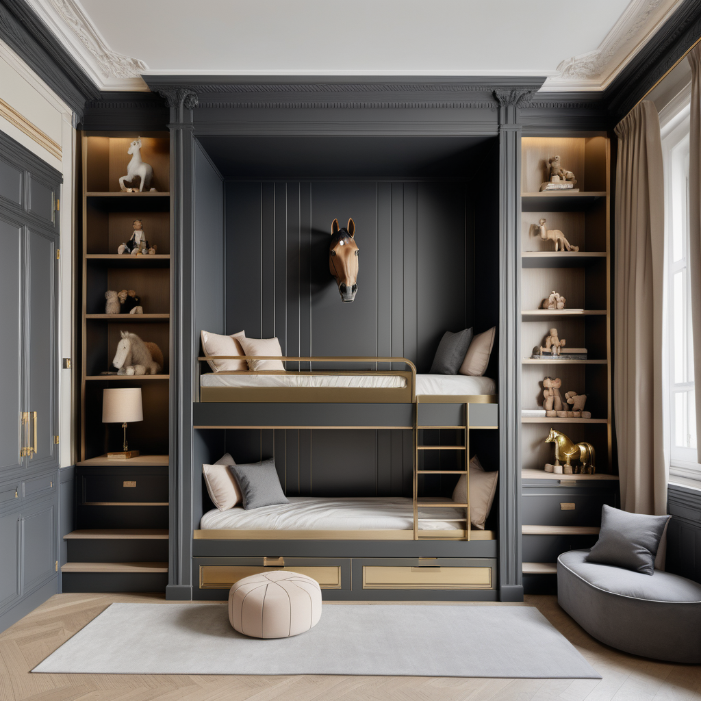 hyperrealistic image of an equestrian-inspired modern Parisian large childrens room with a built-in bunk bed; wall panelling; beige, oak, brass and dark-grey colour palette