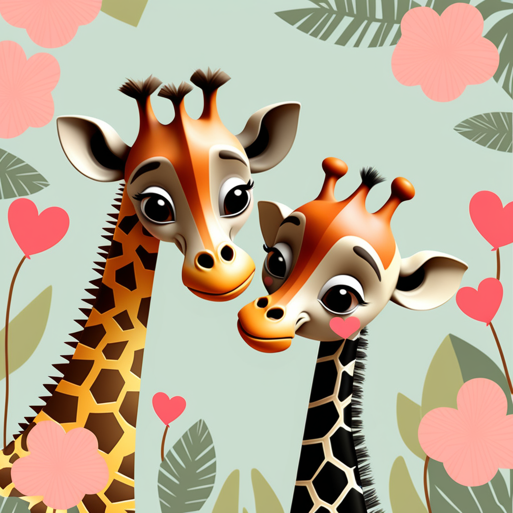 /envision prompt: "Adorable Printable Safari Valentine Cards" with whimsical illustrations of safari animals in love, such as giraffes sharing a kiss and monkeys holding hands. Ideal for DIY Valentine's cards for kids and teachers. --v 5 --stylize 1000