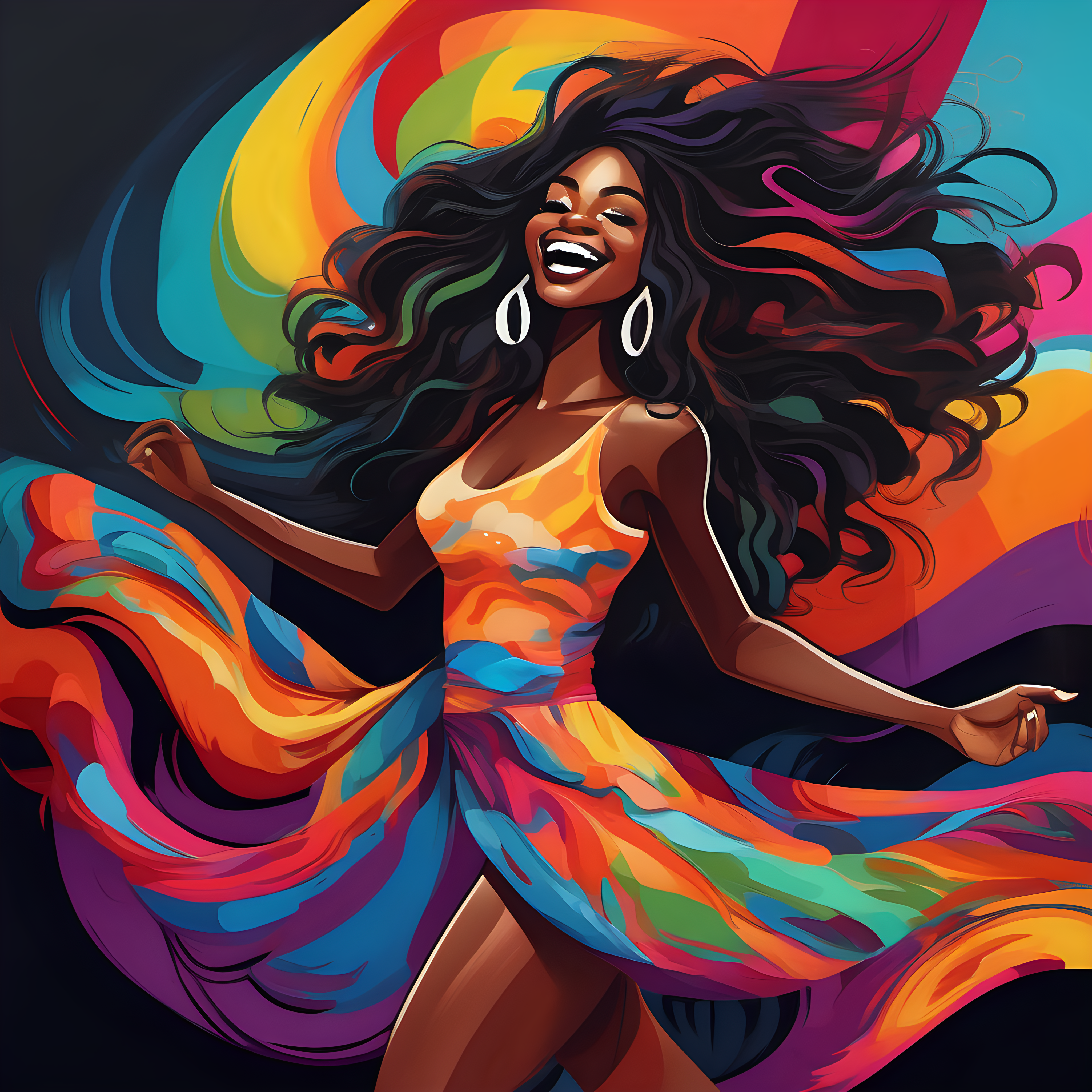 A dark skin black woman in colorful flowing clothes dancing with long beautiful cascading hair, full lips in a sexy smile in mural art style
