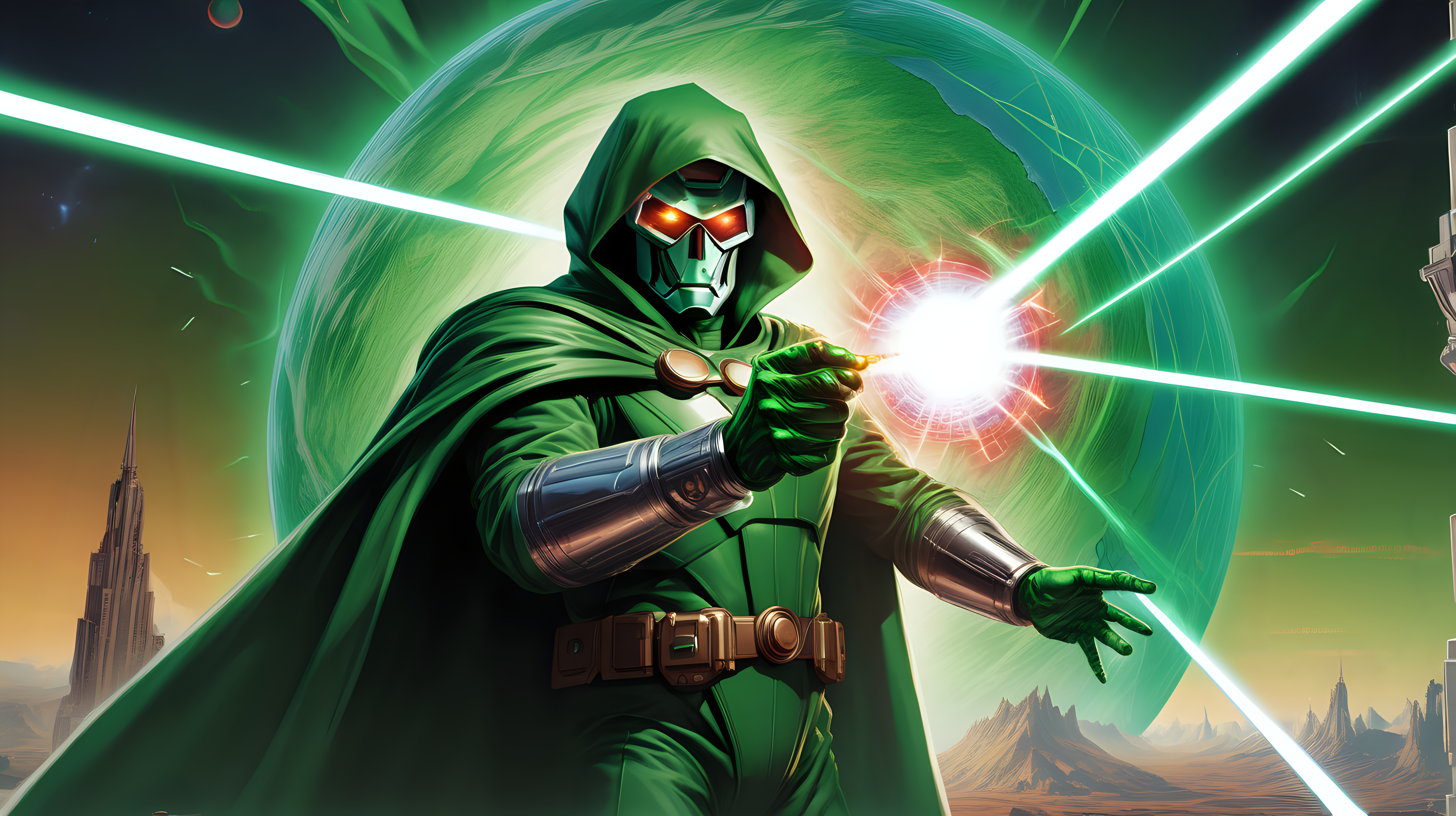Doctor Doomdestroying a planet with lasers shooting from