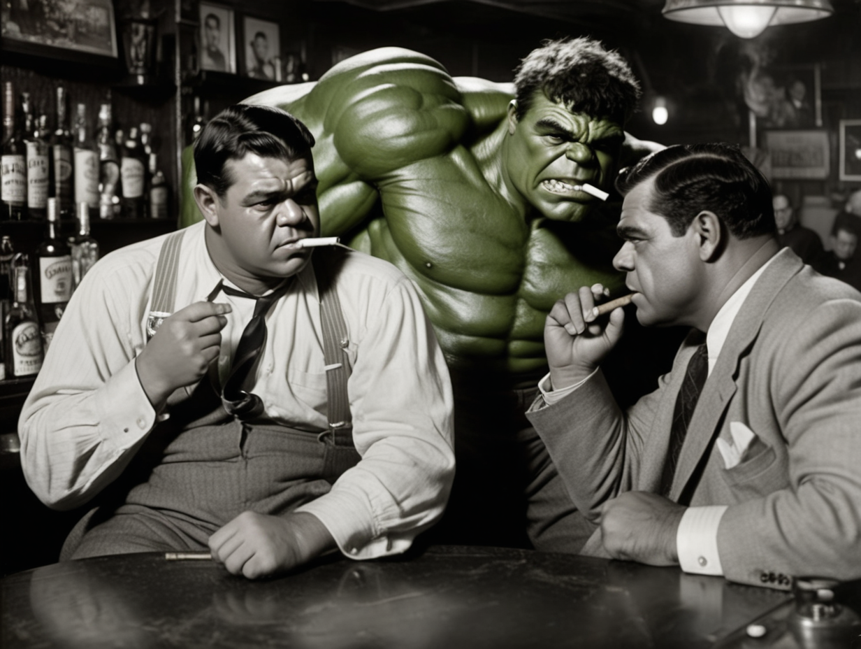 Babe Ruth and the Hulk smoking a cigar in a bar