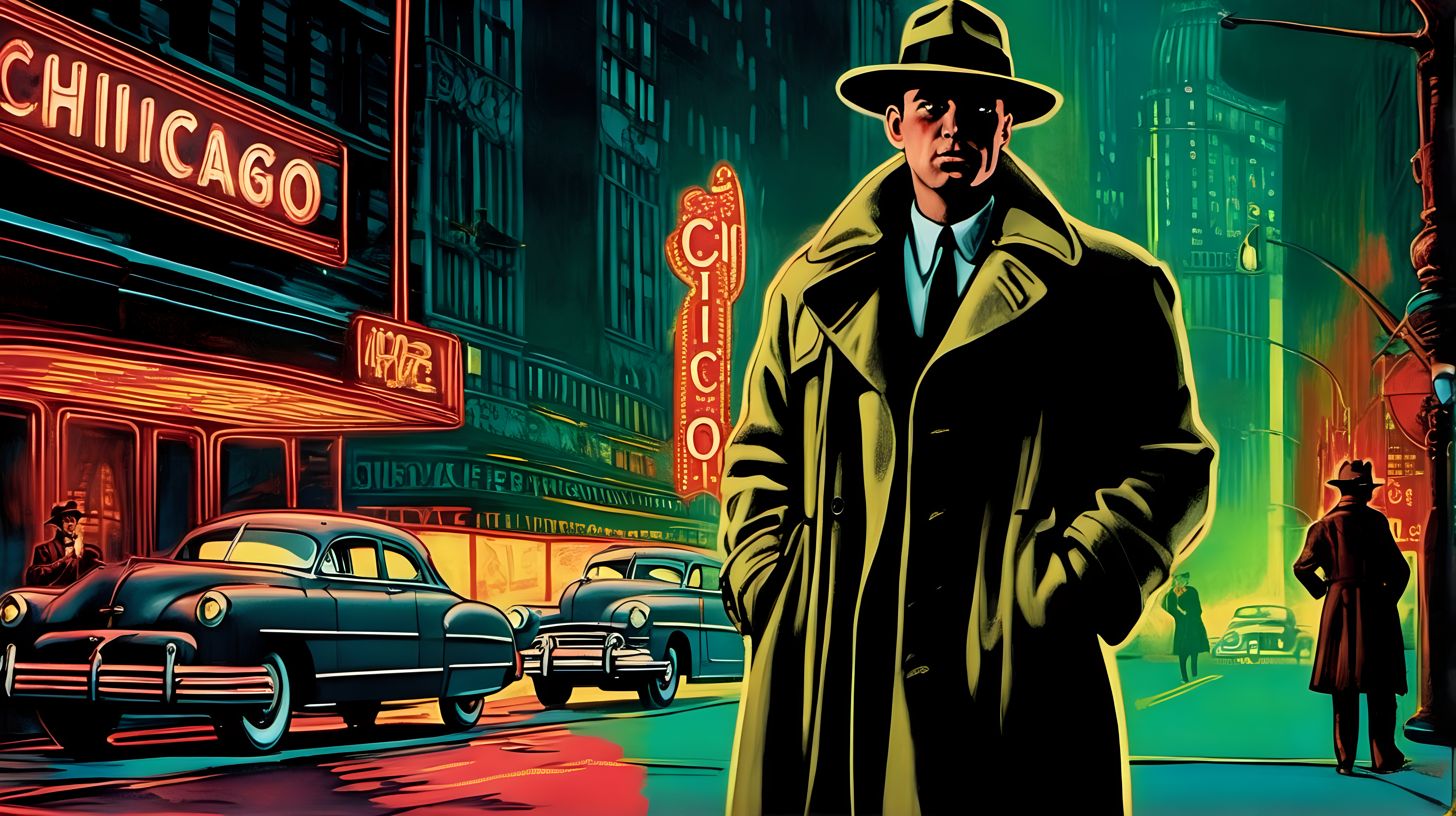 A man in the foreground with a rifle, wearing a trenchcoat and fedora, staring at the camera on a downtown neon Chicago street, circa 1950. Art Nouveau style.