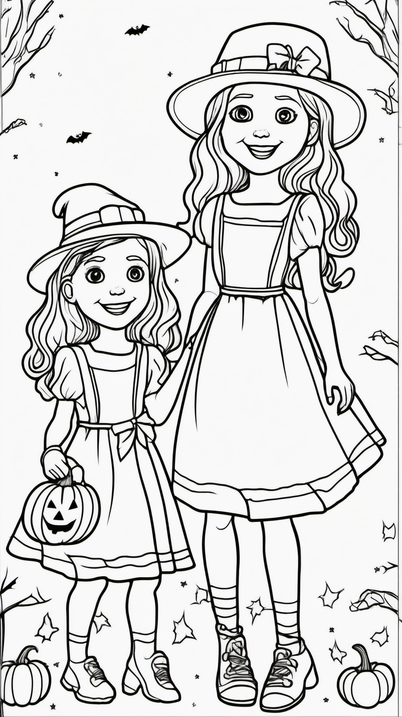A children's coloring book about a white girl holding a doll and a girl celebrating Halloween happily. 80 pages. The background is in white color and without shadow and the black drawing is a fine line.