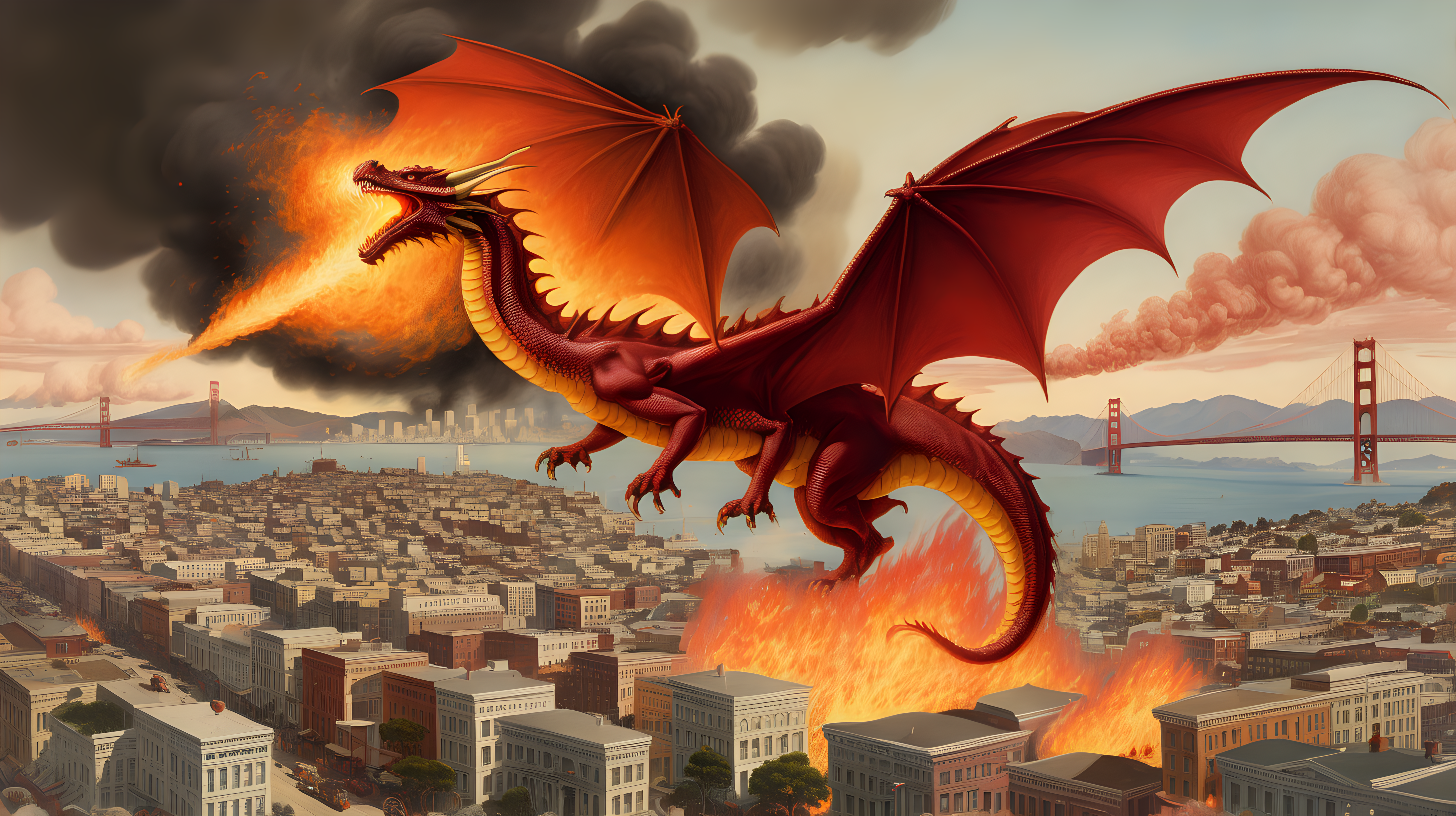 fire breathing dragon destroying 1900's San Francisco