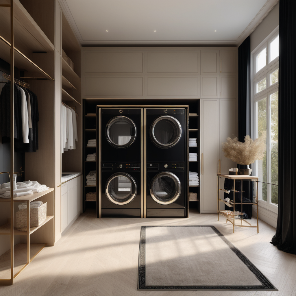a hyperrealistic of an elegant Modern Parisian estate home laundry with island and mood lighting, floor to ceiling windows and clothes drying racks in a beige oak brass and black colour palette 
