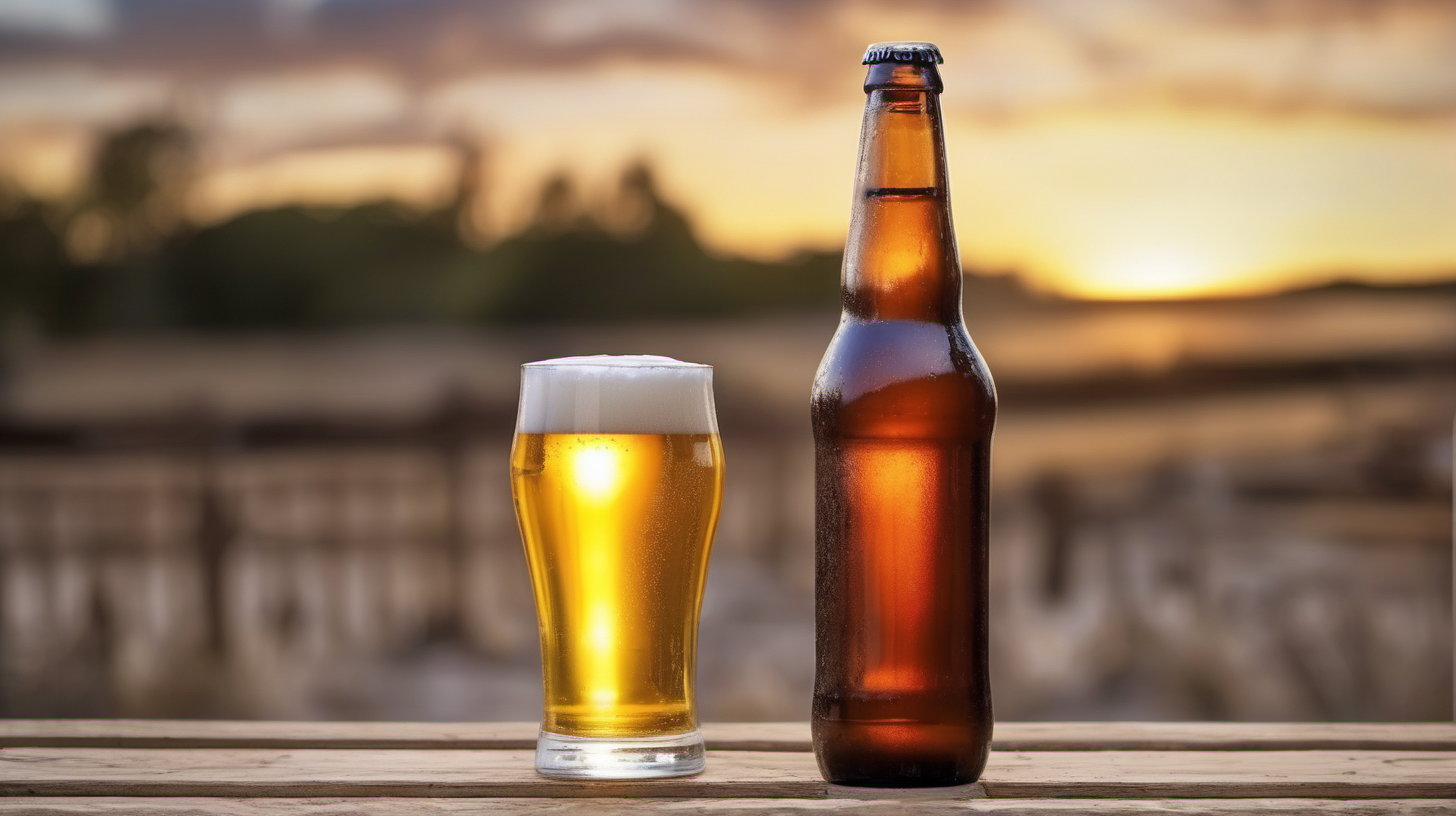 bottle of beer and glass in a o
outdoor setting