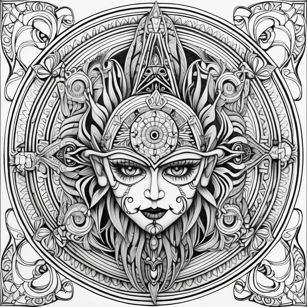 adult coloring page, black & white, strong lines, high details, symmetrical mandala, evil gothic marionette