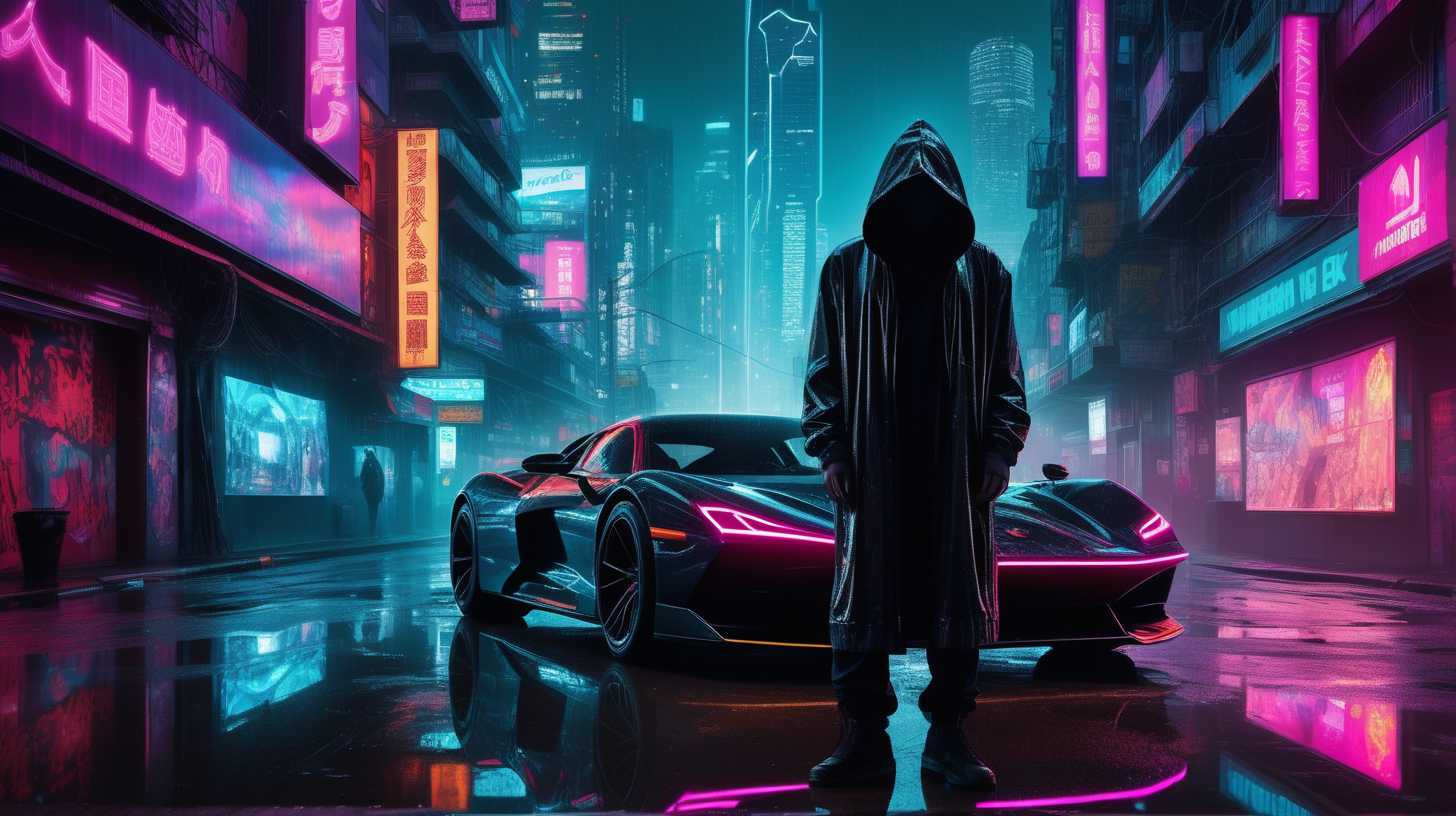 "A hyper-realistic photograph captures a moody, cyberpunk cityscape under a veil of night. The focal point is a hooded solitary figure standing next to a gleaming sports car, its surfaces reflecting the neon cacophony of 'SHIB' and 'Shibarium' signs. The figure, enigmatic and faceless, is draped in a contemporary hooded garment, a stark silhouette against the backdrop of vibrant city life. Wet streets glisten, mirroring the myriad neon lights and holographic displays that climb the sides of futuristic buildings. The photograph tells a story of solitude amidst the urban sprawl, the palpable tension between the anonymity of the hooded figure and the conspicuous opulence of the surrounding technopolis."