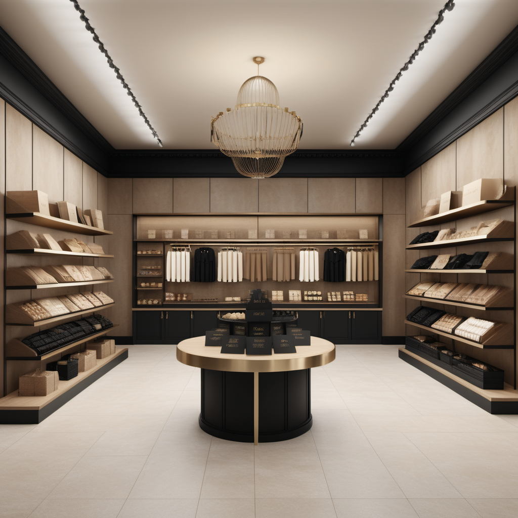 hyperrealistic image of an elegant store interior in a beige, oak, brass and black colour palette