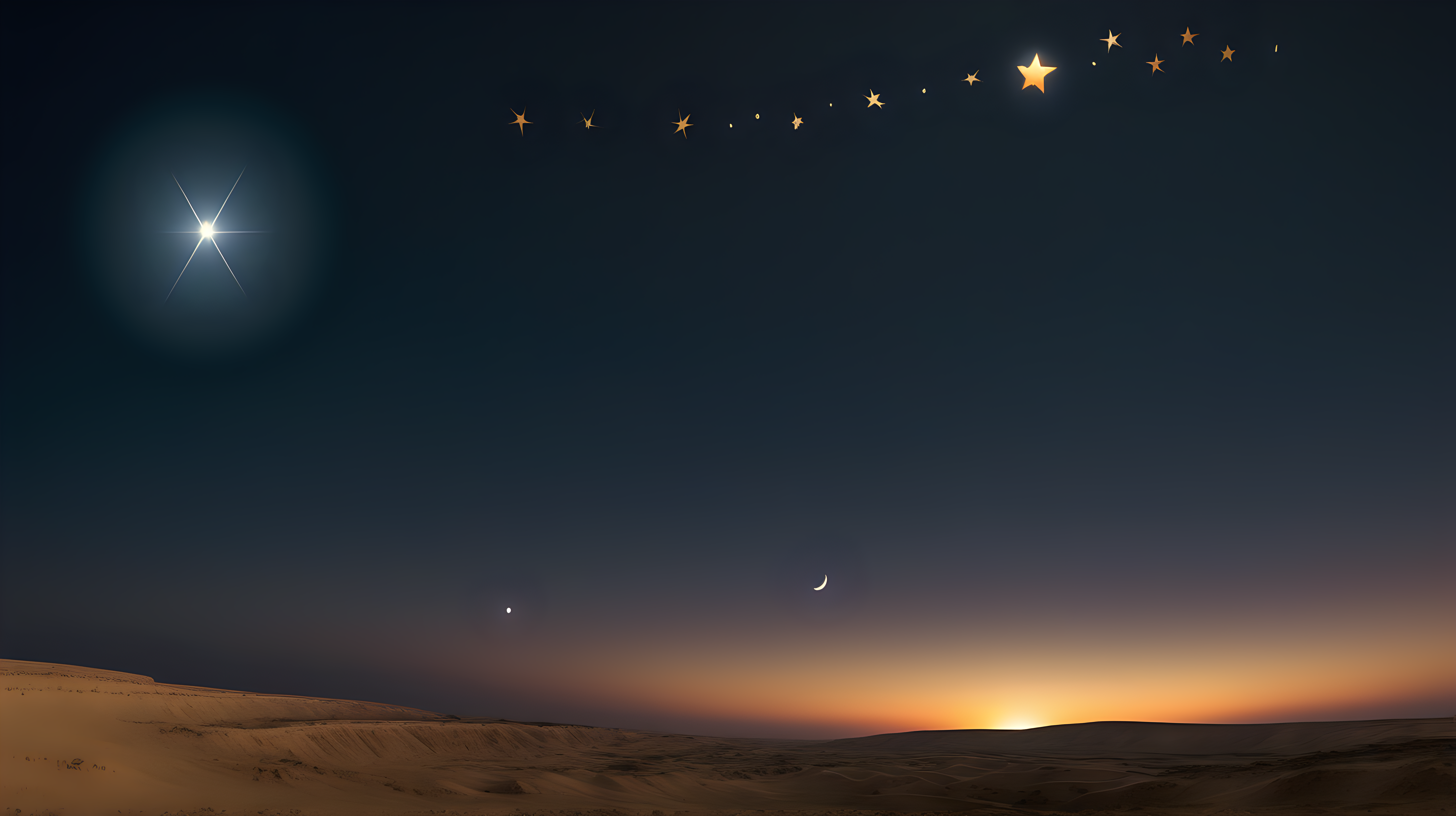 surreal Night sky in Negev of Israel with 11 small stars beneath one large star at the top, at the bottom of the image a small moon, and a  small sun 