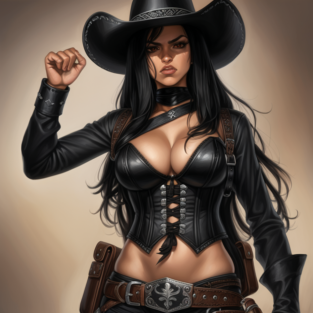 black cowboy hat, black hair, long hair, brown eyes, Latina, female, western, black corset, black bandolier, mature, black bandana around neck, semi realism, Evil, angry