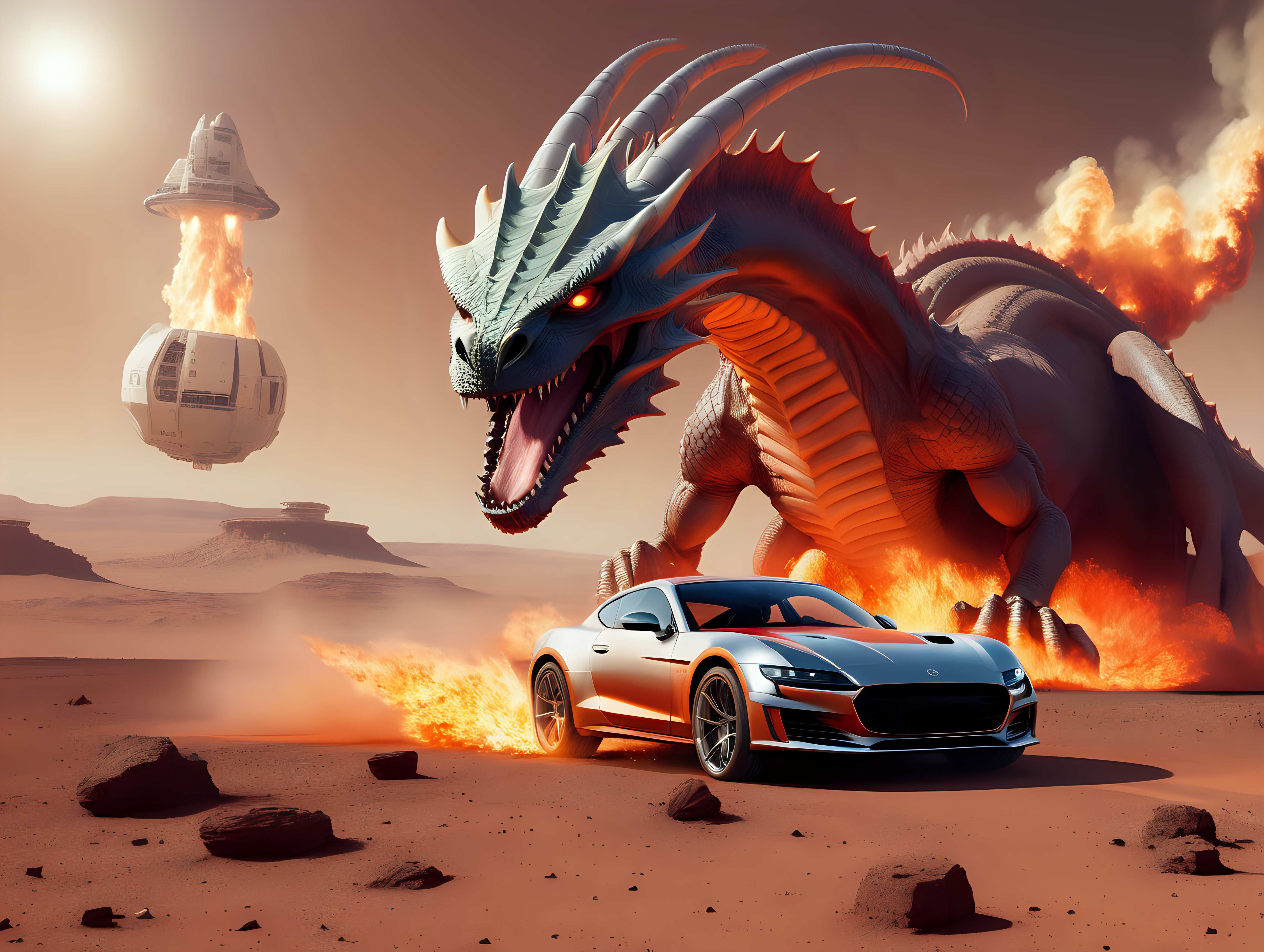 European sports car driving on Mars chased by a fire breathing dragon