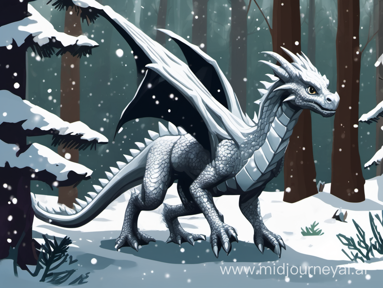 In a Dungeons & Dragons style. A baby silver dragon just emerging from the trees onto a forest track. It is winter so there is snow on the ground and the pine trees have snow on them as well
