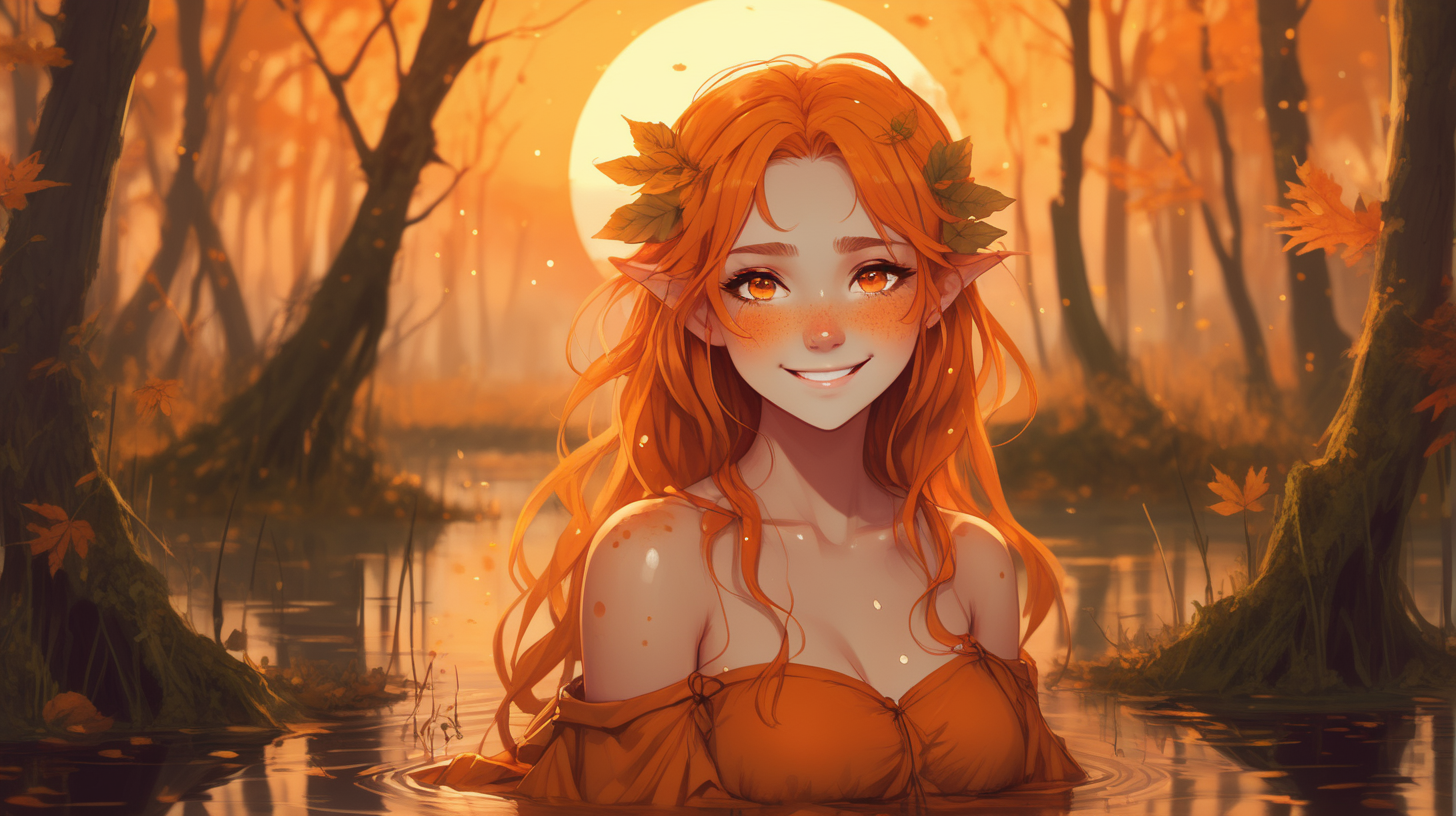 Orange sunset themed beautiful cute comforting shy dryad