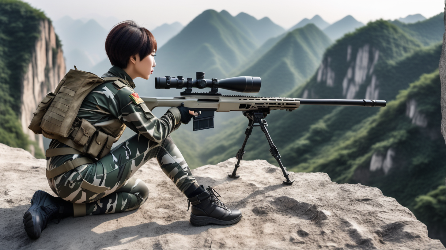 Chinese female soldierShort hairCamouflage leggingsLying on the edge