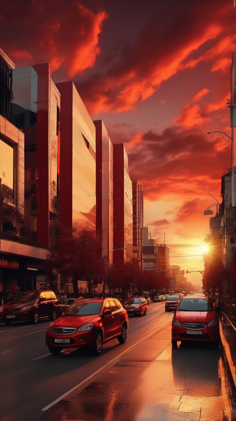 City Street View at Sunset, Red to Golden Clouds, Very beautiful
