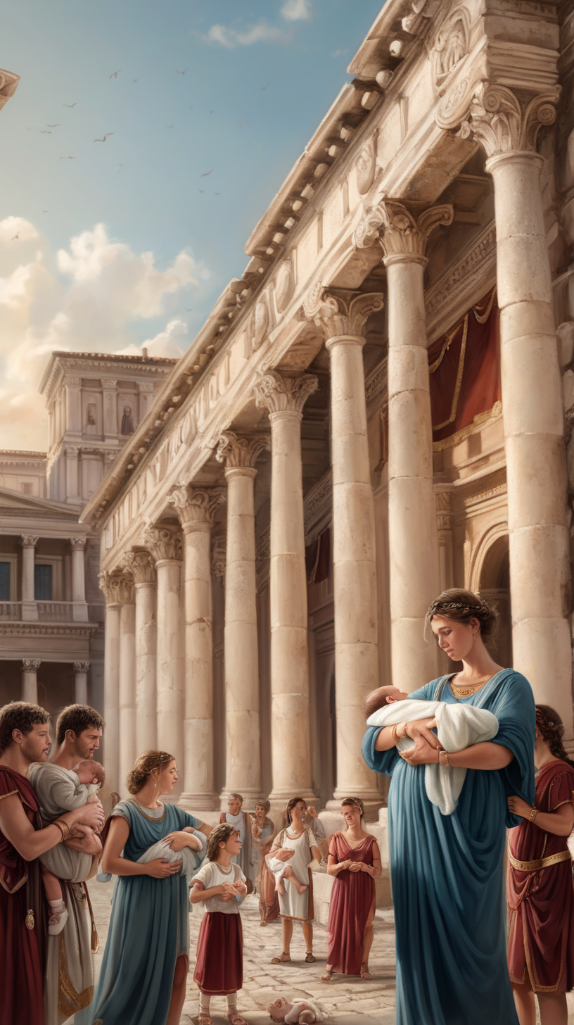 in front of the ancient Roman palace, a mother is holding a newborn child, there are people around