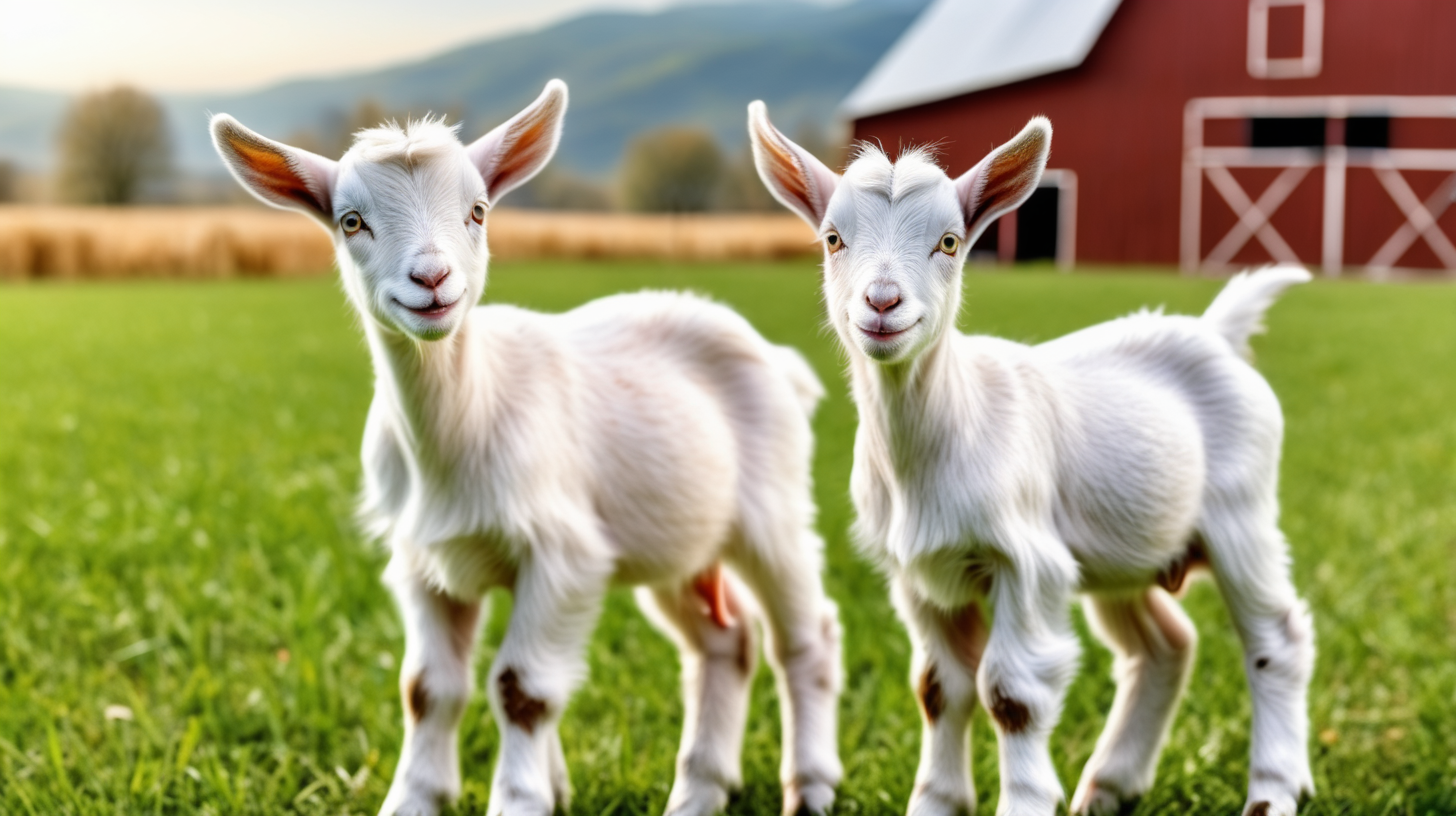 Two baby goat in field farm barn background