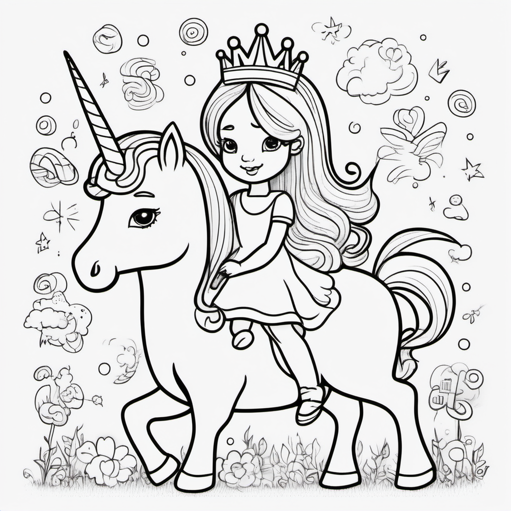 create cartoon style, little princess with her baby unicorn thick lines, with the words "Emily's Coloring Book" in bubble letters at the top of the page